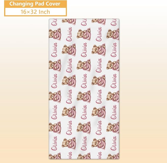 Custom Baby Crib Bedding Set, 5 Pcs Personalized Name Baby Crib Sets for Infant Toddler, Pink Bear Nursery Bedding Set for Girls Boys, Double Layer Flannel Baby Bedding Sets Customized Gifts