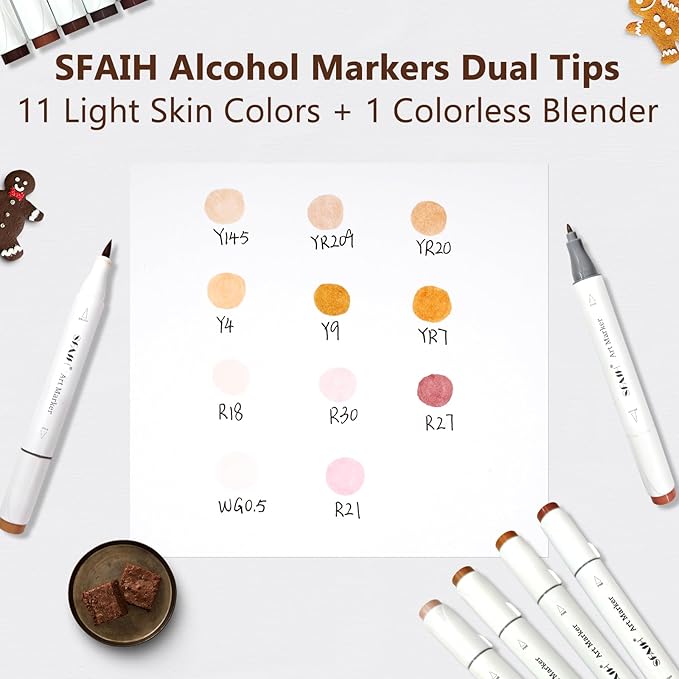 SFAIH Skin Tone Alcohol Markers Brush & Fine - 11 Light Portrait Colors+Mixed Color 0, Blendable & Refillable Permanent Art Markers for Adults/Teen/Artists/Creators & Illustrators