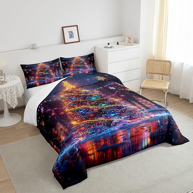 3D Christmas Tree Bedding Set Full Size,Snowflake Glitter Polka Dot Comforter Set for Kids Boys Girls Room Decor,Merry Christmas Duvet Insert 3Pcs,Xmas Neon Style Fashion Quilt Set,2 Pillowcases