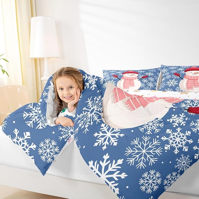 Feelyou Christmas Comforter Set Twin Size Snowman Blue Bedding Set for Kids Boys Girls Xmas Snowflakes Duvet Quilt Winter Snow Bedroom Decor Microfiber 2 Pcs with 1 Pillow Cases