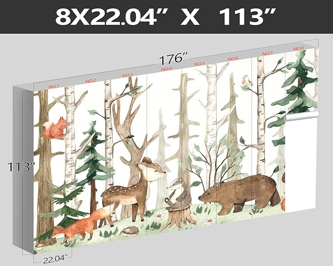 XMPMBM-Cartoon Hand-Painted Animals Woodland Nursery Room Fabric Wallpaper Graffiti Pine Forest Kids Gaming Room Wall Mural-W 176" X H 113"（138 Square Foot）