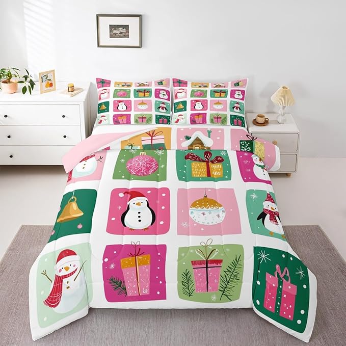 Feelyou Happy New Year Bedding Set Soft for Boys Girls, Christmas Decor Comforter Set Twin Size Merry Christmas Duvet Quilt Microfiber Winter Penguin Bedroom Decor 2 Pcs with 1 Pillow Cases