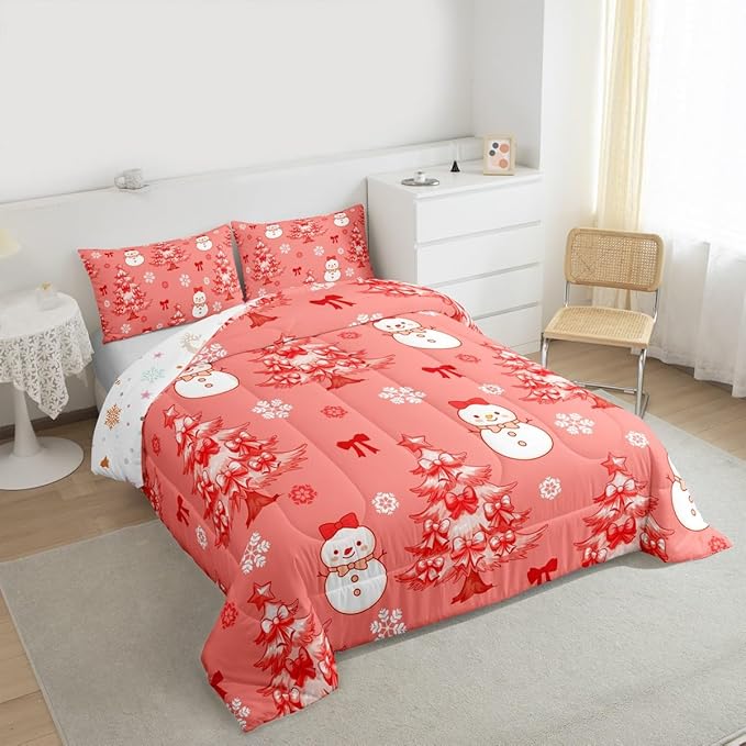 Feelyou Merry Christmas Kids Comforter Set Toddler Size Cute Snowman Bedding Set Cartoon Bowknot Duvet Quilt for Kids Boys Girls Bedroom Christmas Tree Decor Microfiber Ultra Soft Breathable