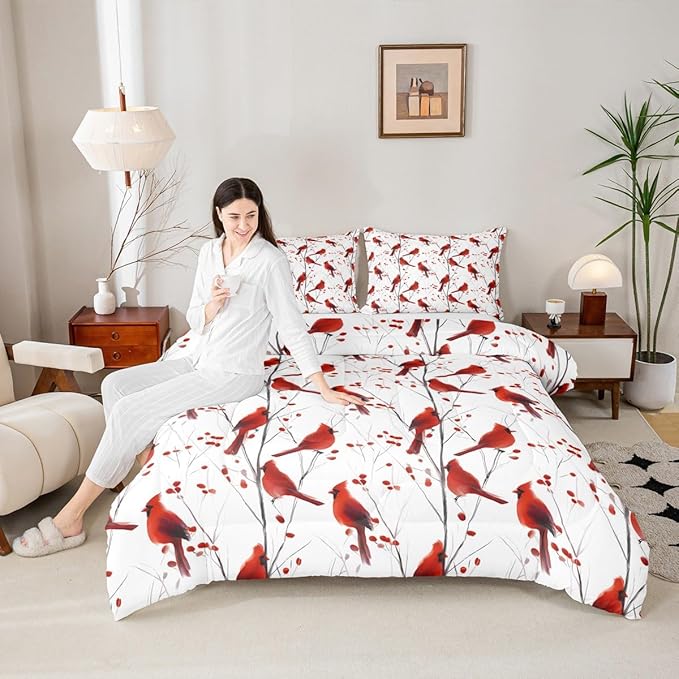 Feelyou Berries and Cardinals Pattern Comforter Set All Season Red Cardinal Bedding Set with 2 Pillow Cases Christmas Kids Queen Bedclothes Bird Print Decor Animal Decor Duvet Quilt Soft Lightweight