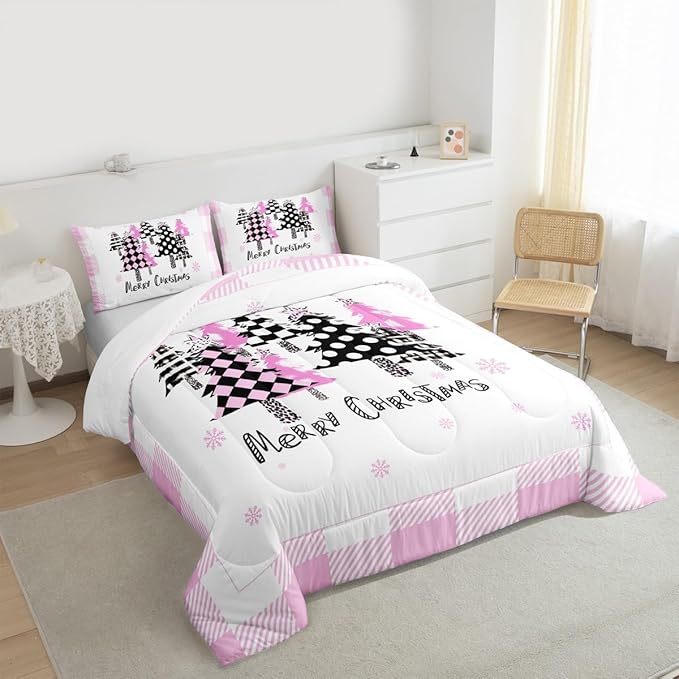 Manfei Xmas Trees Comforter Set Twin Size, Pink Plaid Grid Snowflake Down Comforter with 1 Pillowcase, Christmas Theme Bedding Set 2pcs for Kids Girls Adults Room Decor New Year Duvet Insert