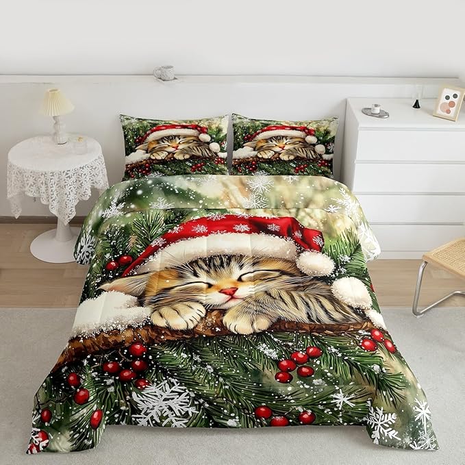 Xmas Cat Kid Comforter Set Twin Size,Snowflake Holly Berry Winter Bedding Set Boy Girl Room Decor,Christmas Poinsettia Animal Quilt Comforter,Green Yellow Duvet Set Bedroom Quilt Set,1 Pillowcase