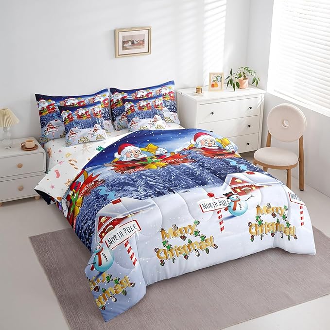 Feelyou Kids Christmas Bed in a Bag Xmas Santa Claus King Size Bed Set for Boys Girls Merry Christmas Warmth Comforter Set with Sheets Galaxy Blue Decor Bedding Set Bedroom Collection Boys