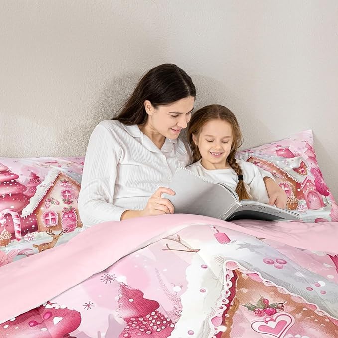 jejeloiu Kids Christmas Theme Comforter Set Twin Size Pink Xmas Candy Cane House Bedding Set for Boys Girls Teens Cute Cartoon Deer Winter Animal Happy New Year Duvet Quilt Room Decor