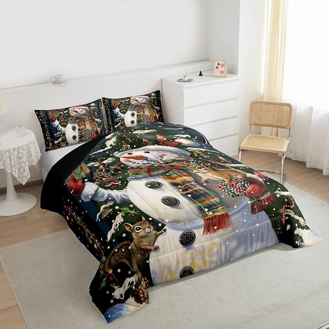 Feelyou Christmas Kids Comforter Set Twin Size Snowman Squirrel Bedding Set Snowflake Gift Duvet Quilt for Kids Boys Girls Bedroom Branch Berry Decor Microfiber Ultra Soft Breathable