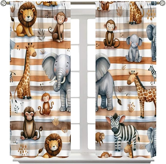Kids Animal Curtains Elephants Giraffes Monkeys Lions Zebras Window Treatment for Kids Boys Girls Nursery Baby Bedroom Playroom Home Decor Window Drapes 63" W X 63" L