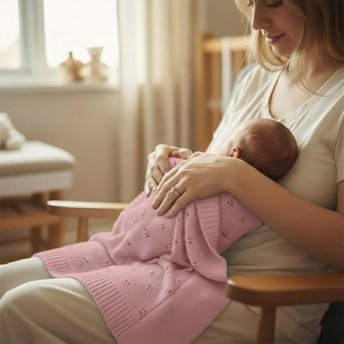 Baby Knit Blanket, 100% Cotton Eyelet Patterns, Soft, Cozy, Lightweight Swaddle for Newborn & Infant Swaddling Beige Neutral, Perfect Baby Shower Ideas Pink 28x36