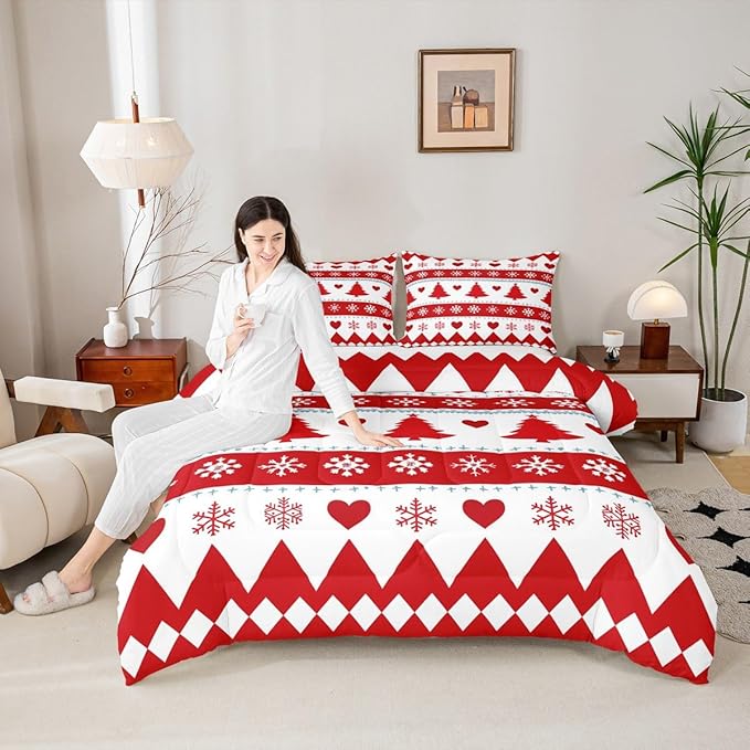 Feelyou Christmas Comforter Set Queen Size Xmas Tree Bedding Set for Kids Boys Girls Snowflake Heart Duvet Quilt Geometric Bedroom Decor Microfiber 3 Pcs with 2 Pillow Cases