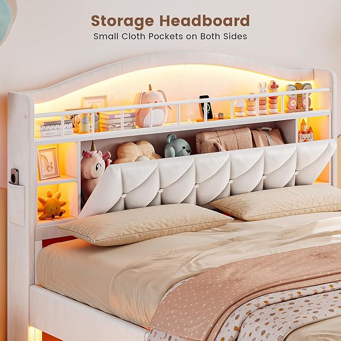 ADORNEVE Full Bed Frame with LED Lights, Princess Velvet Upholstered Platform Bed for Girls, Headboard with Charging Station & Guardrail & Crystal Button, No Box Spring Needed,Beige