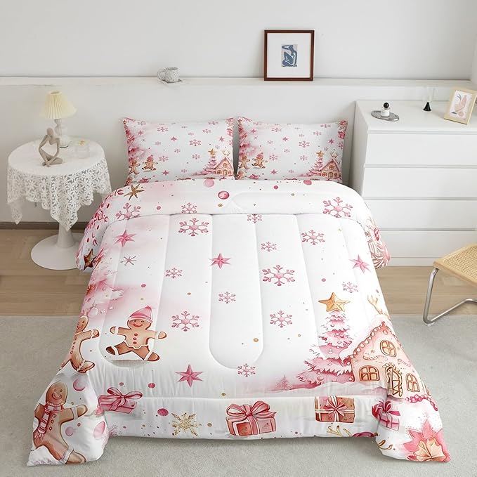 jejeloiu Kids Christmas Theme Comforter Set Queen Size Pink Xmas Gingerbread Man Bedding Set for Boys Girls Teens Candy House Snowflake Winter Happy New Year Duvet Quilt Room Decor