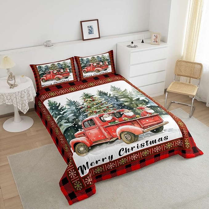 Merry Christmas Comforter Set King Size,Retro Red Truck Christmas Tree Duvet Insert for Kids Boys Girls Room Decor,Gnome Snowflake Xmas Bedding Set 3Pcs,Black Red Plaid Quilt Set,2 Pillowcases