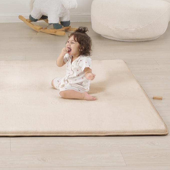 1.3" Thick Baby Floor Play Mat 59x79, Basic Padded Foam Mat for Tummy Time Crawling, Non Slip Cushioned for Babies Toddlers Infants Kids (Beige)