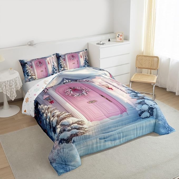 Feelyou Merry Christmas Kids Comforter Set Queen Size Winter Snowscape Bedding Set Pink Door Duvet Quilt for Kids Boys Girls Bedroom Garland Xmas Tree Decor Microfiber Ultra Soft Breathable