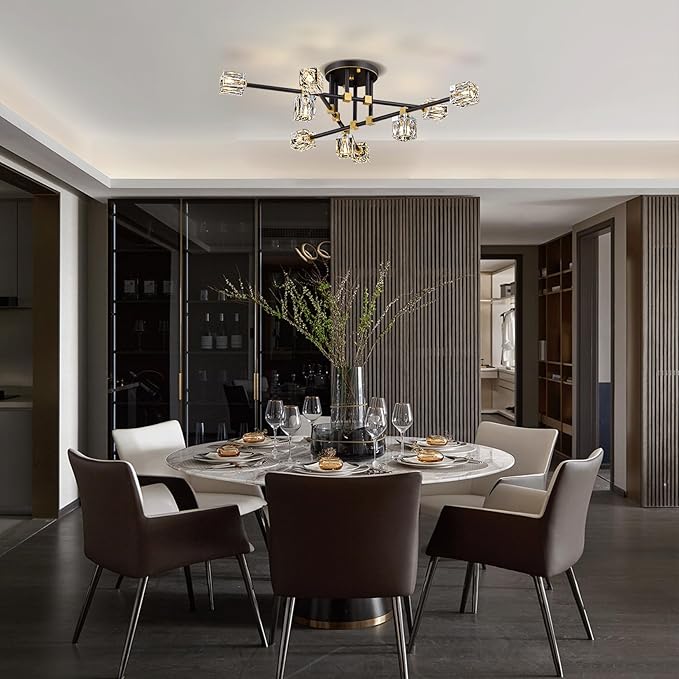 Modern Sputnik Chandelier, Semi Flush Mount Ceiling Light Fixture with 9-Lights, Black and Gold K9 Crystal Ceiling Light for Living Room, Dining Room, Foyer,Kitchen Island,Bedroom