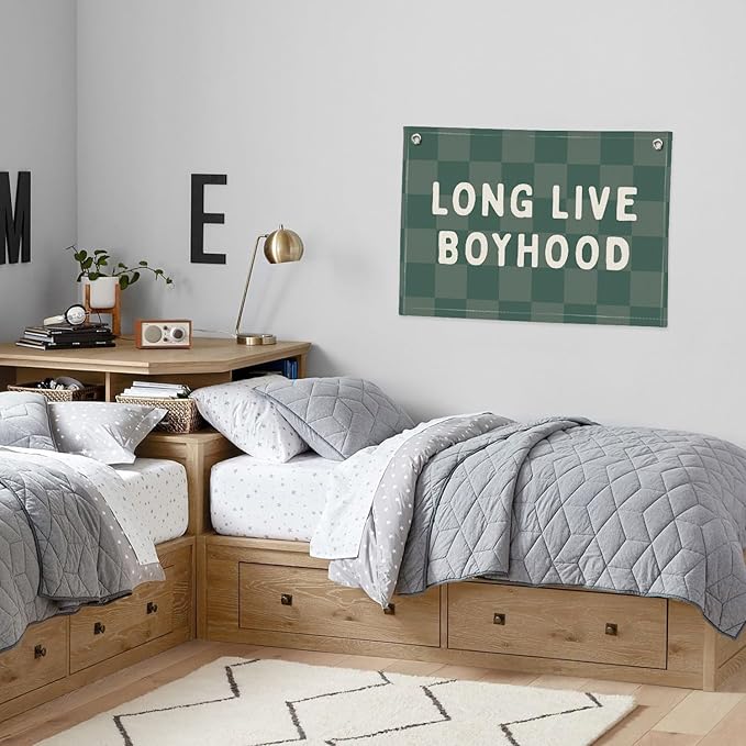 Long Live Boyhood Linen Banner – Boys Room Wall Hanging, Playroom & Nursery Decor, Toddler Room Flag, Aesthetic Boys Bedroom Sign – Forest Green & White