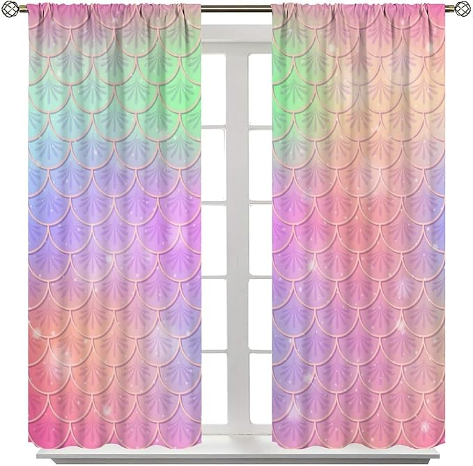 Mermaid Curtains, Kids Cartoon Watercolor Sea Animals Mermaid Princess Scales Pattern Print Living Room Decoration for Kids Girls Bedroom Nursery 52x84 Inch
