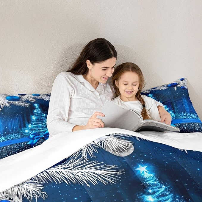 Merry Christmas Kids Comforter Set Queen Size,Snowflake Christmas Tree Bowknot Bedding Set,Girls Boys Adults Xmas Decor,Blue Gradient Line Glitter Down Comforter,Romantic Duvet Insert,2 Pillowcases