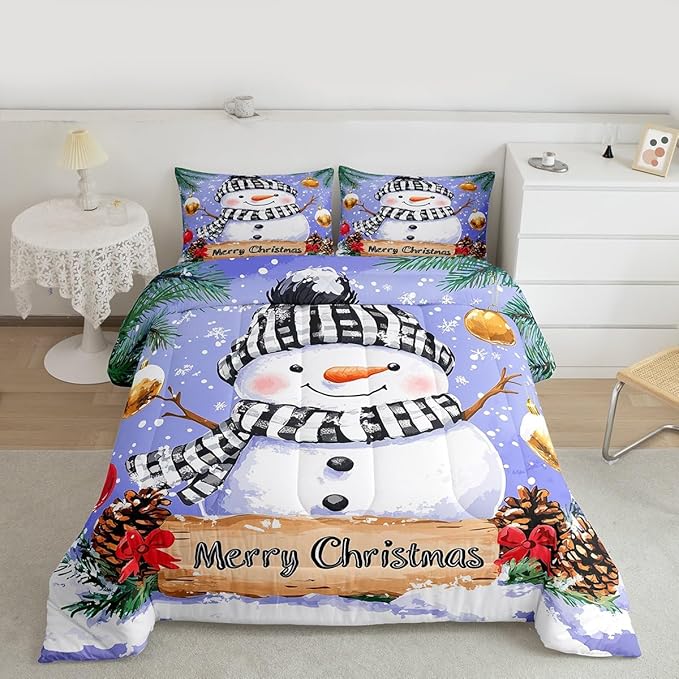Feelyou Merry Christmas Comforter Set All Season Cute Snowman Bedding Set with 2 Pillow Cases Snowflake Microfiber Kids King Bedclothes Winter Bedroom Decor Duvet Quilt Breathable Soft Lightweight