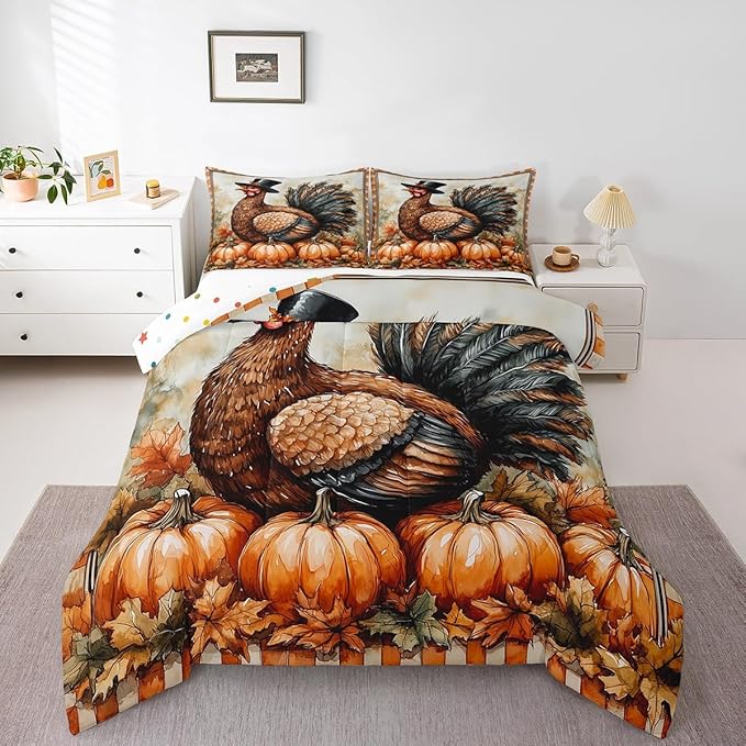 Feelyou Boys Girls Thanksgiving Comforter Cover Queen Size, Fall Autumn Comforter Set for Turkey Duvet Cover Kids Pumpkin Teens Bedspread Cover Bedroom Decor Bed Set 3Pcs