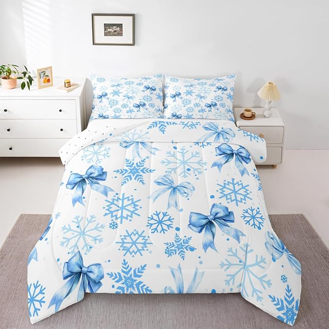 Lovely Bowknot Kids Comforter Set Queen Size,Dreamy Bowknot Dots Snowflake Bedding Set,Room Decor,Winter Merry Christmas Girly Quilt Comforter,Blue White Duvet Set Bedroom Quilt Set,2 Pillowcases