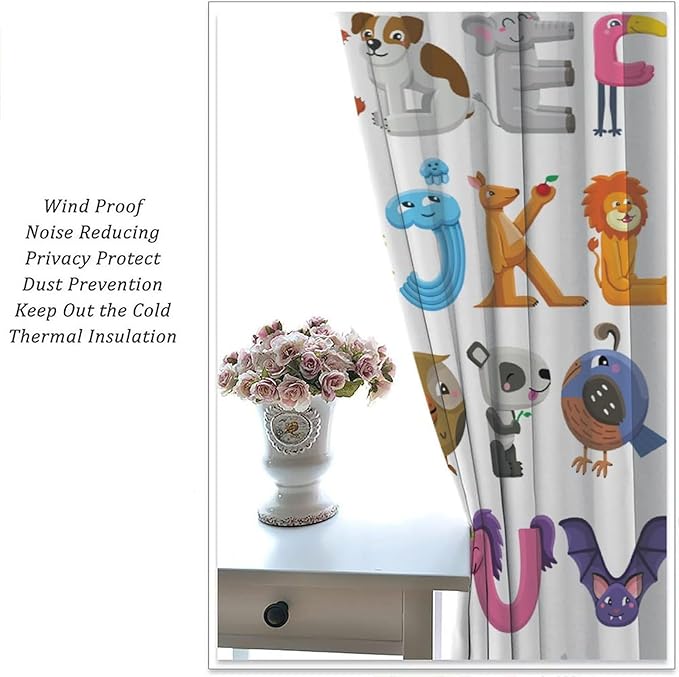 Kids Alphabet Curtains Cartoon Animal Baby Children Funny Learning Educational Curtain with Rod Pocket for Bedroom Nursery Decor Drapes Window Treatments 2 Panels Set 63x63in