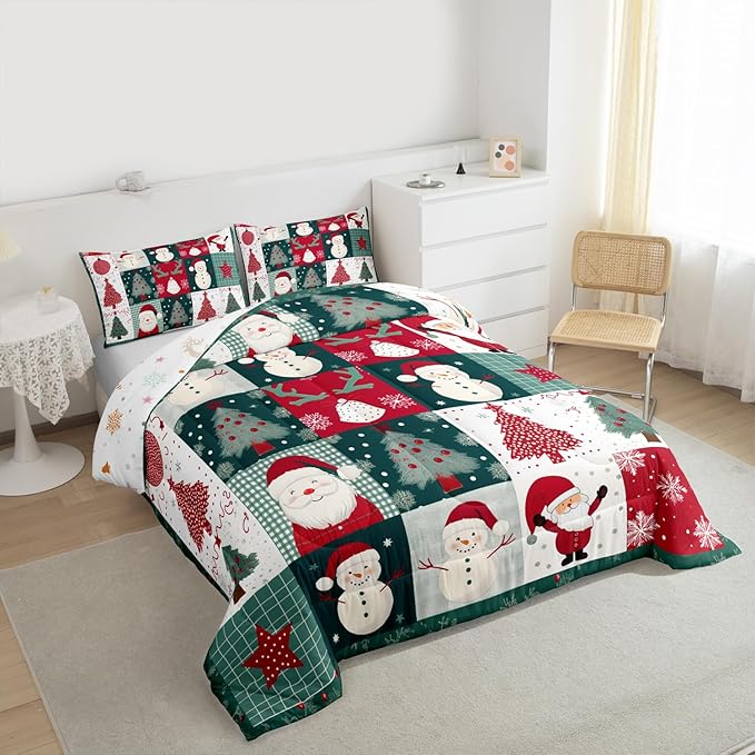 Feelyou Merry Christmas Comforter Set All Season Xmas Tree Snowman Bedding Set with 2 Pillow Cases Santa Claus Microfiber Kids Queen Bedclothes Patchwork Bedroom Decor Duvet Quilt Breathable Soft