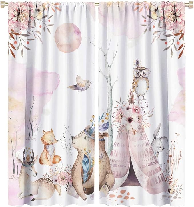Forest Animal Curtains for Kids, Pink Watercolor Woodland Animal Window Treatments Fox Deer Owl Wildlife Safari Jungle Bear Window Drapes for Girls Nursery Toddler Bedroom 52x84in
