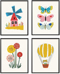 VONTP Kids Classroom Wall Art Decor, Eclectic Retro Floral Hot Air Balloon Butterfly Nursery Prints Poster Wall Decorations for Kids Room Bedroom Playroom Classroom, 8x10 Inch Set of 4 (Unframed)
