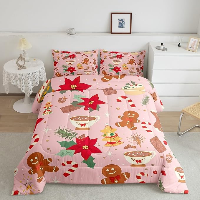 Feelyou Cute Gingerbread Man Bedding Set for Kids Boys Girls Toddler Size Christmas Trees Comforter Set Ultra Soft Candy Comforter Dessert Duvet Quilt Bedroom Decor Christmas Decor Quilt
