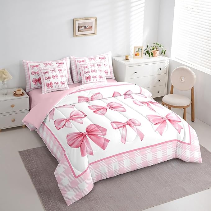 7 Pieces Pink Bowknot Kids Comforter King,Geometric Plaids Grids Patchwork Fashion Bedding Set,Bow Tie Knot Princess Romantic Chic（Comforter+Fitted+Flat Sheet+2 Pillowcases+2 Throw Pillow Covers）