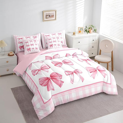 7 Pieces Pink Bowknot Kids Comforter King,Geometric Plaids Grids Patchwork Fashion Bedding Set,Bow Tie Knot Princess Romantic Chic（Comforter+Fitted+Flat Sheet+2 Pillowcases+2 Throw Pillow Covers）