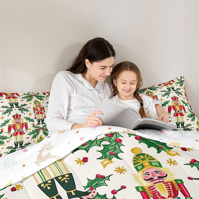 Feelyou Merry Christmas Bedding Set Soft for Boys Girls, Nutcracker Comforter Set Twin Size Holly Leaves Duvet Quilt Microfiber Red Berries Bedroom Decor 2 Pcs with 1 Pillow Cases