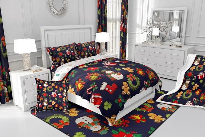 jejeloiu Merry Christmas Comforter Set Queen Size Cute Snowman Bedding Set for Kids Boys Girls Gingerbread Man Duvet Quilt Dark Blue Bedroom Decor