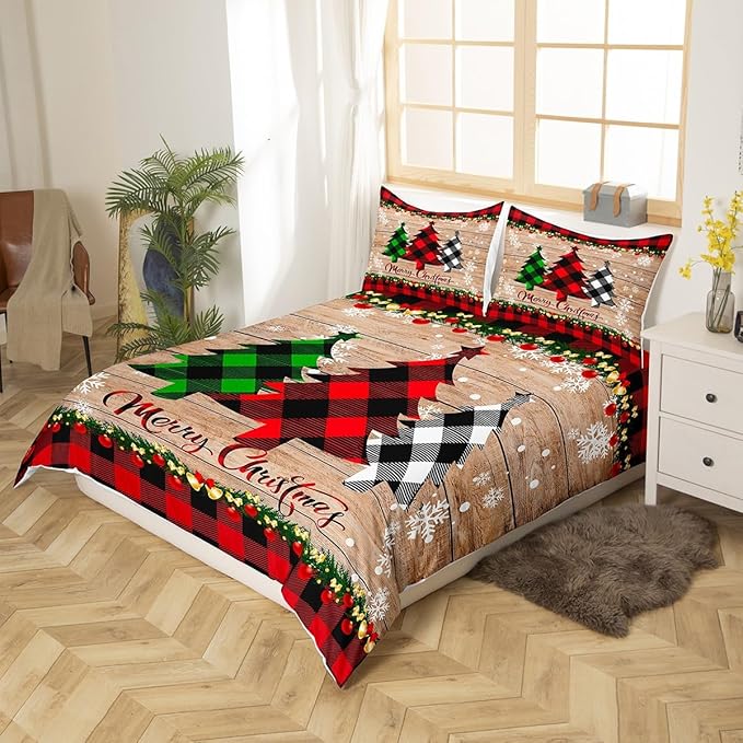 Manfei Plaid Tree Duvet Cover Set Twin Size, Wooden Stripe Print Bedding Set 2pcs for Kids Boys Girls Bedroom Decor, Christmas Theme New Year Comforter Cover with 1 Pillowcase,No Comforter