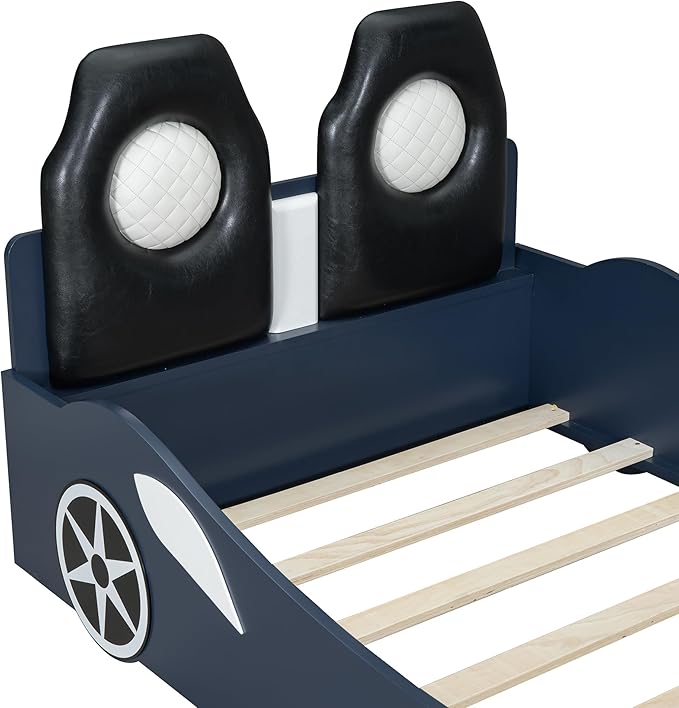 Twin Size Race Car-Shaped Platform Bed with LED and Upholstered Backrest, Solid Wood Upholstered Car Bed Frame with 2 Seats for Kids Boys Girls Bedroom (Blue-31U)