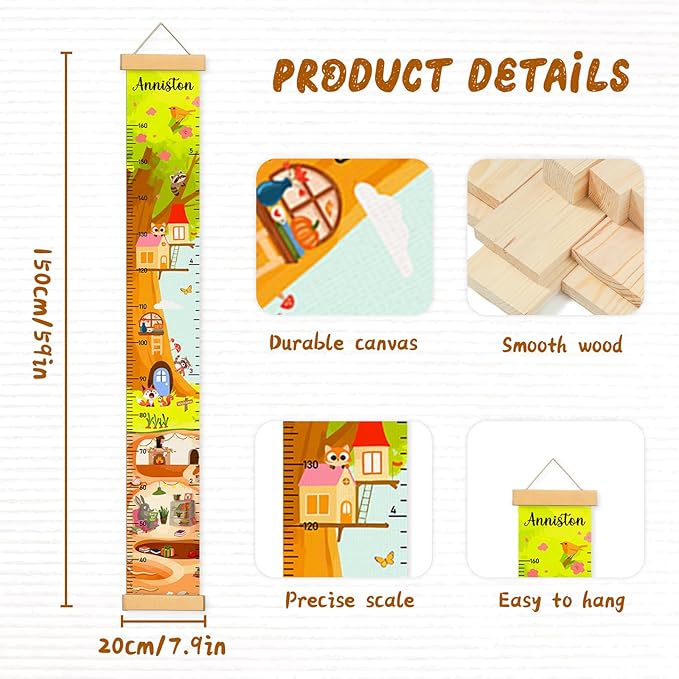 Personalized Name Height Chart for Kids, Kids Growth Chart for Wall, 59" X 7.9" Canvas Removable Height Chart Measuring Ruler for Kids & Baby（Paint Animal Home）