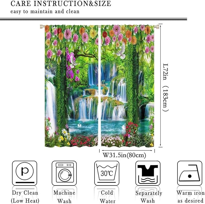 Jungle Nature Blackout Window Curtains, Trees Scenic Waterfall and River Spring Pattern Print Window Drapes, for Living Room Bedroom 63x72in 2 Panels