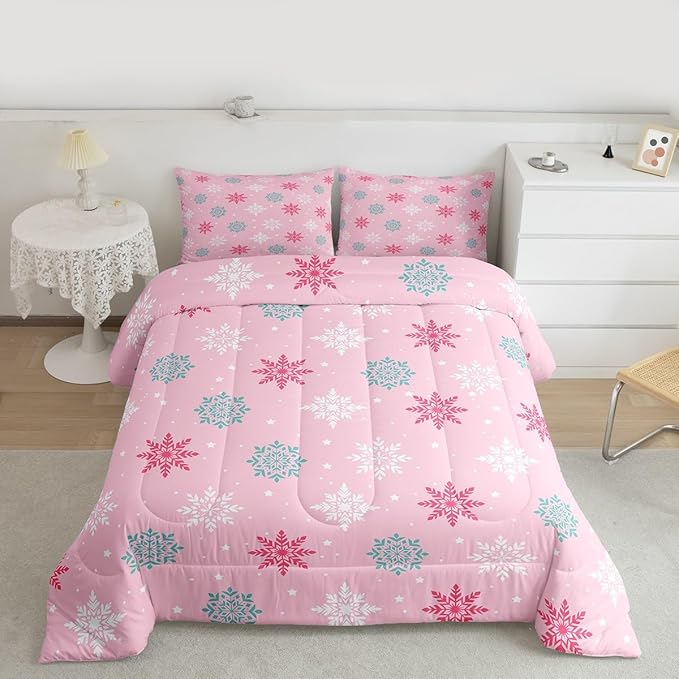 Feelyou Winter Snowflakes Bedding Set Soft for Boys Girls, Winter Holiday Comforter Set King Size Frozen Snowflake Duvet Quilt Microfiber Pink Bedroom Decor 3 Pcs with 2 Pillow Cases