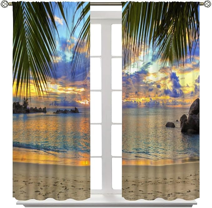 Ocean Beach Curtains,Sunset on Beach in The Evening Hawaiian Seaside Scene Pattern Blackout Print Home Bedroom Living Room Window Treatments 2 Panel Set 84x84 Inch
