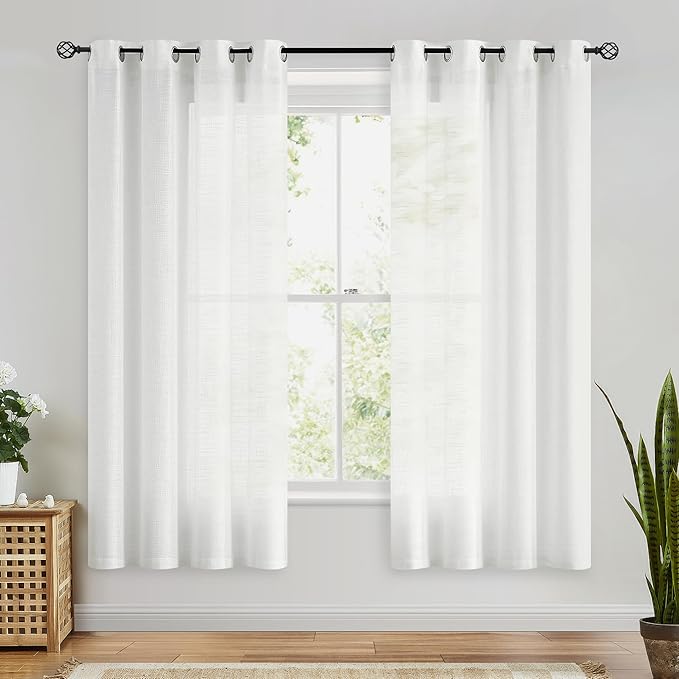 FMFUNCTEX Linen Semi Sheer Curtains for Bedroom, White Curtains 72 Inch Length for Living Room, Country Farmhouse Sheer Drapes, Light Filtering Window Curtain, Grommet Top 2 Panels