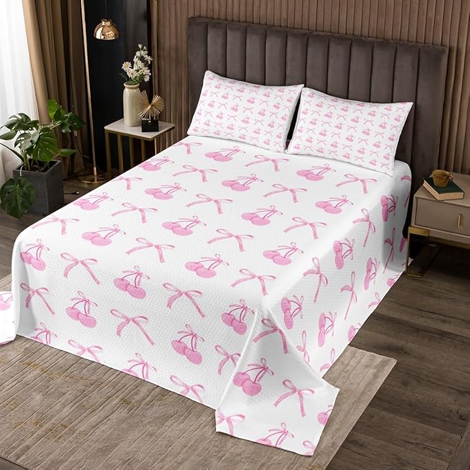 Manfei Cherry Bowknot Kid Bedspread King Size,Pink Bow Tie Butterfly Knot Princess Coverlet Set,Girls Women Room Decor,Cartoon Bow Patchwork Quilted Coverlet,Dreamy Sweet Bedding Quilt,2 Pillowcases