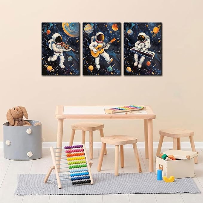 3Pcs Space Astronaut Music Canvas Wall Art Cute Astronaut Musician Decor Pictures Funny Piano Guitar Violin Posters Prints for Boys Room Girls Room Kids Room Nursery Decoration