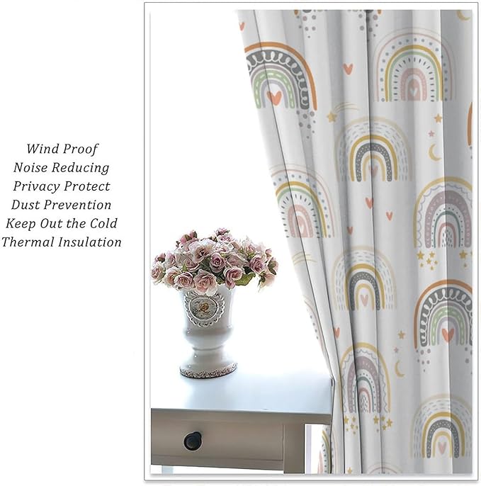 Kids Rainbow Curtains Boho Cartoon Colorful Stars Love Heart Lovely Abstract Art Pattern Print Window Drapes for Girl Bedroom Living Room Kitchen Decor,2 Panel Set,63Wx72H Inch Blackout