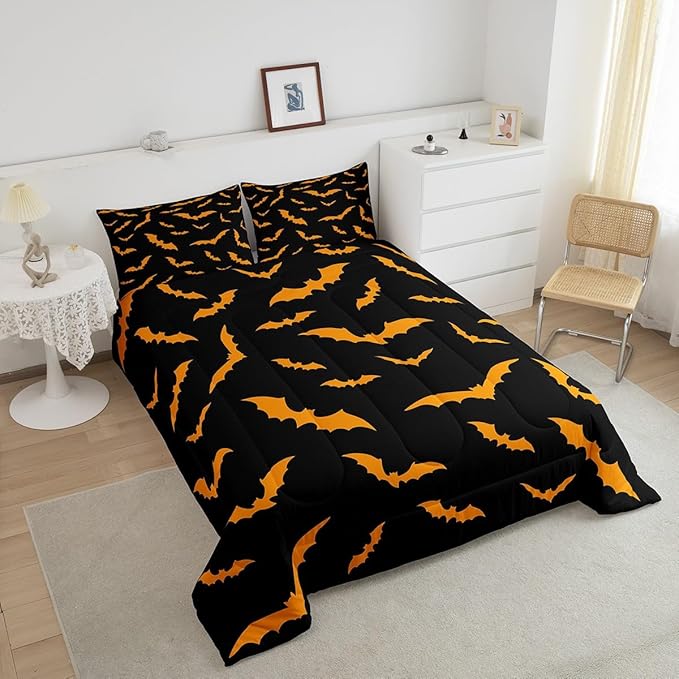 Erosebridal Bat Quilt Happy Halloween Decor Comforter Set Twin Size for Kids Boys Youth Gothic Spooky Bedding Set Orange Bats Silhouette Duvet Insert with 1 Pillow Case