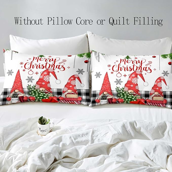 LUVIVIHOME 2PCS Christmas Gnome Duvet Cover Twin, Christmas Bedding, White Duvet Cover, Holiday New Year Xmas Santa Swedish Tomte Snowflake Red Black Buffalo Plaid Comforter Quilt Cover, 1 Pillow Sham