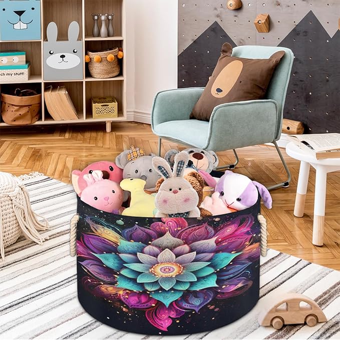 Galaxy Ethnic Mandala Round Storage Basket for Laundry & Toys, Lightweight Fabric Laundry Hamper with Handles, Foldable Large Organizer Bin for Bedroom Bathroom Nursery Dorm